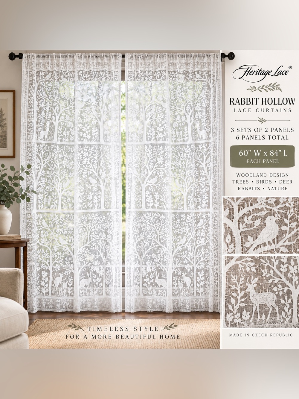 Heritage Lace Rabbit Hollow Curtains 60x84 White 6 Panels 3 Pairs Woodland